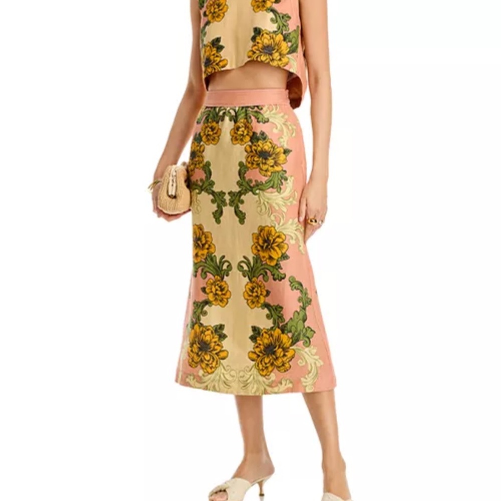 FARM RIO Floral Print Midi Skirt & Top SET - Pink and Yellow